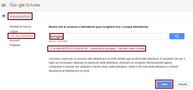 A-link: impostazioni Google Scholar